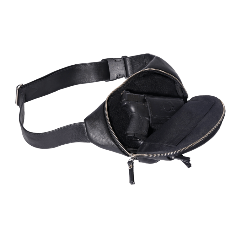 NOX Vintage Tactical Pouch in black leather, open with a gun inside.